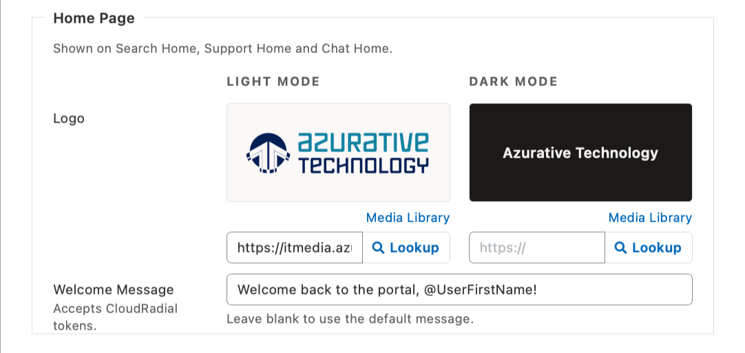 The Home Page fieldset with both Logo preview tiles side by side, the light-mode tile on the near-white portal surface and the dark-mode tile on the near-black one, with the Welcome Message row below