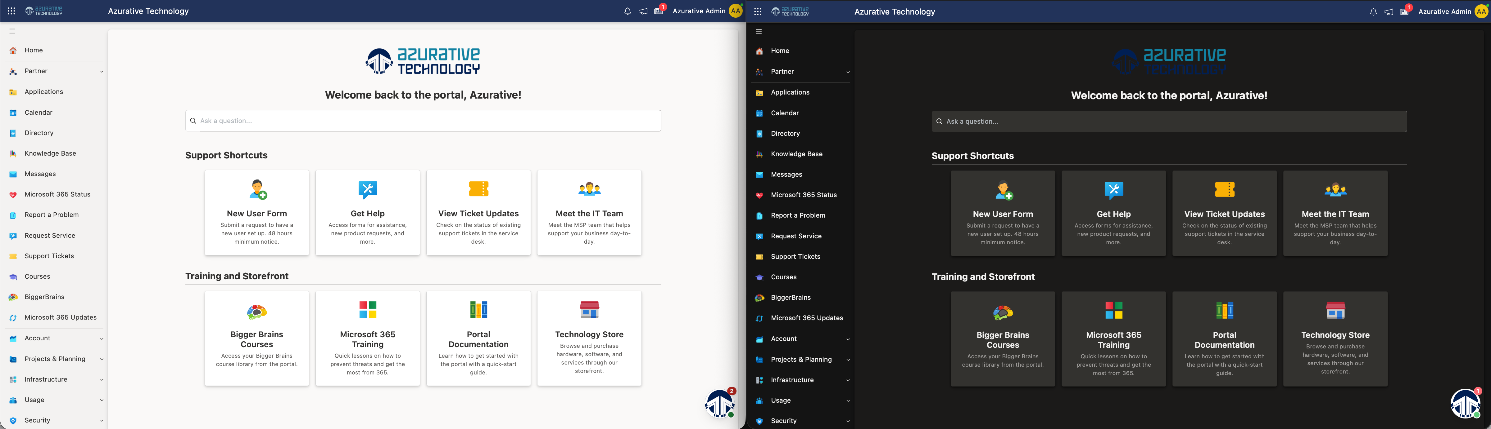 The same portal page side by side: Fluent Light on the left, Fluent Dark on the right, with the title bar, sidebar, a card or grid and a primary button visible in both halves