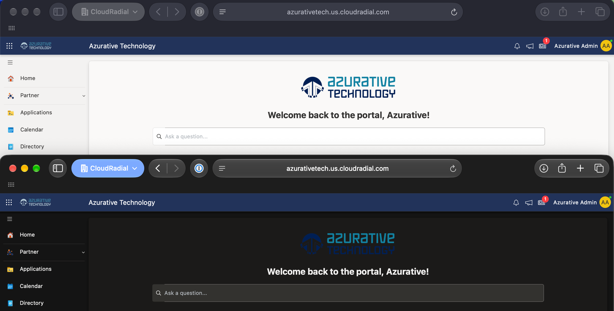 The portal home page header in light mode next to dark mode, each showing its own Home Page logo variant rendering correctly