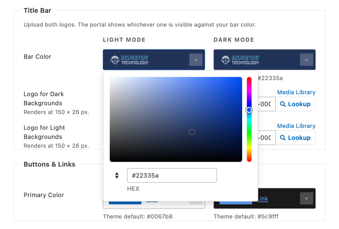 The Bar Color preview tile open with the color picker beside it, the tile painting the real title bar color with the logo composited onto it