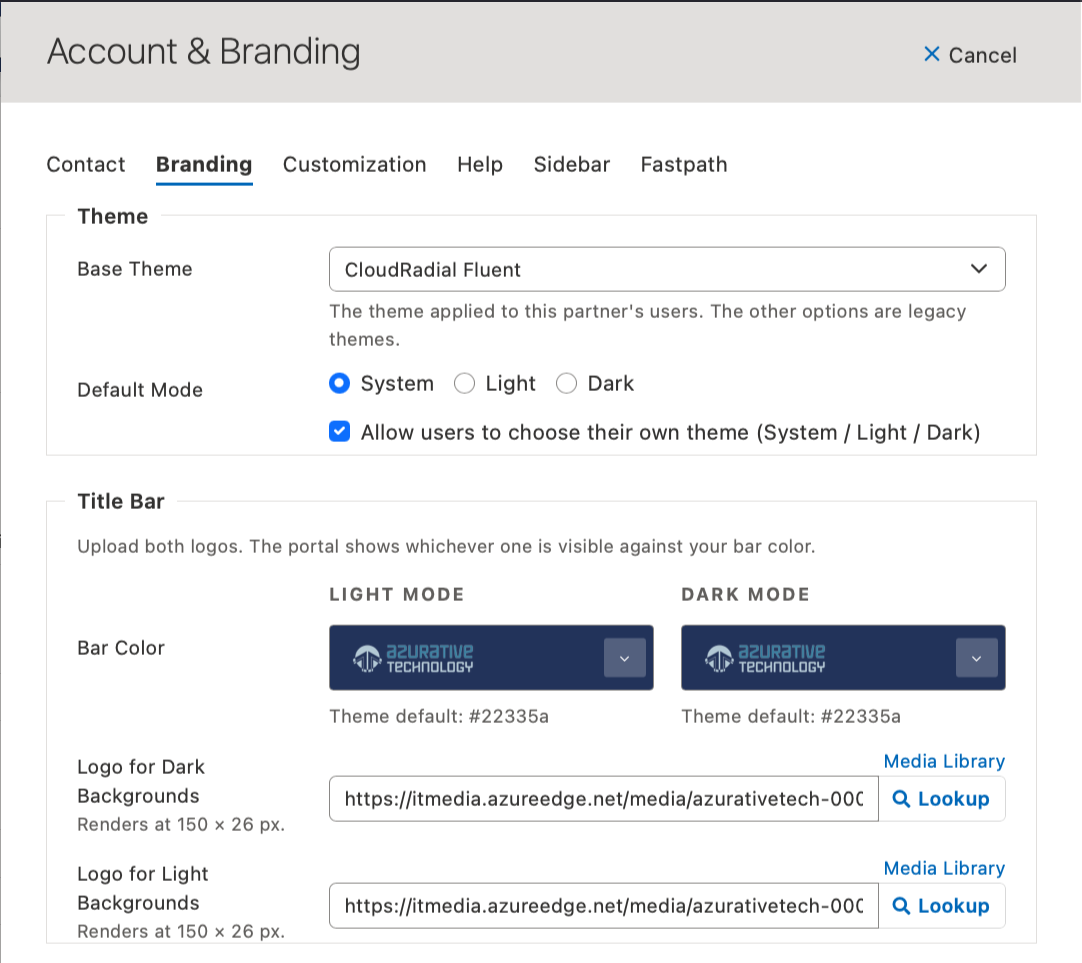 The Theme section at the top of the Branding tab, showing the Base Theme dropdown reading CloudRadial Fluent, the Default Mode radio row and the Allow users to choose their own theme checkbox
