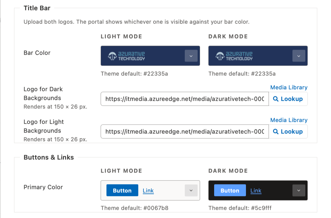 The Title Bar and Buttons & Links fieldsets with their LIGHT MODE and DARK MODE column headers and populated color tiles in all four cells