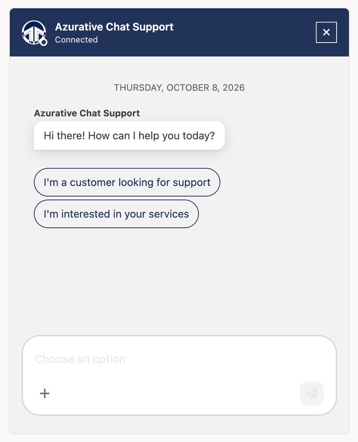 The chat widget open on the client portal, showing the greeting and menu options