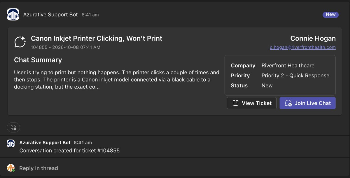 A Chat Request Card in the Service Channel with the Join Live Chat button