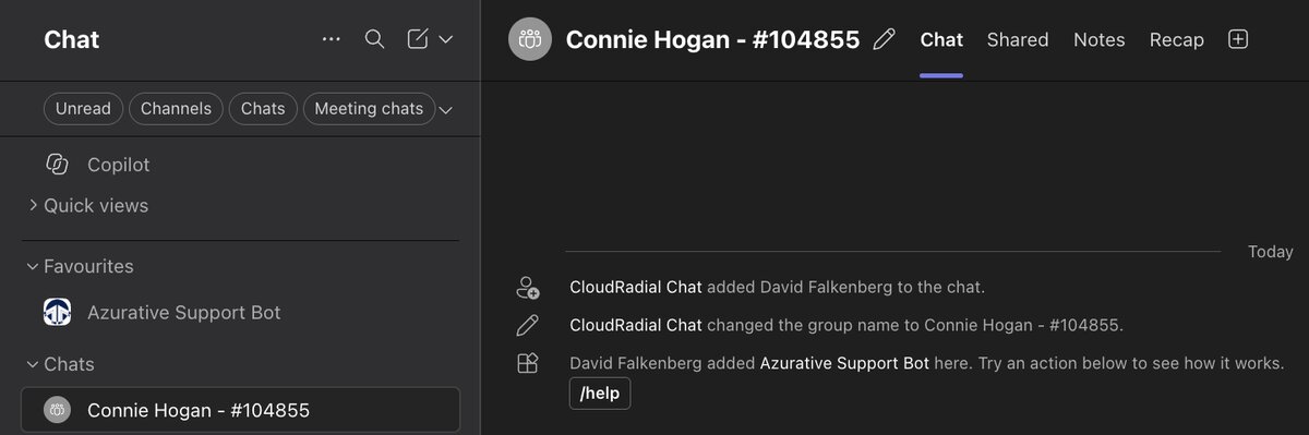 A live chat group chat in the Teams sidebar, named for the client and ticket number