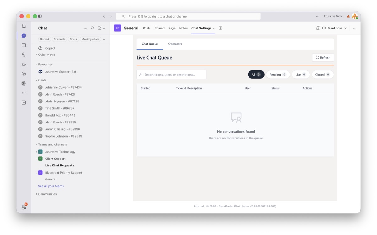 The Chat Settings tab in Teams — operator list and availability toggle