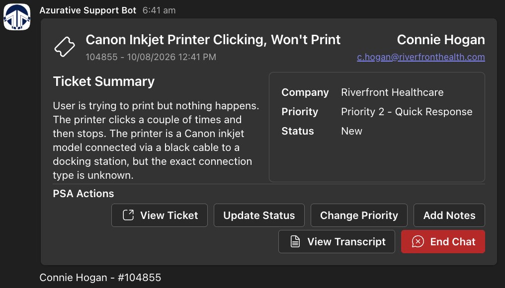 The TicketCard — ticket summary and PSA Actions buttons