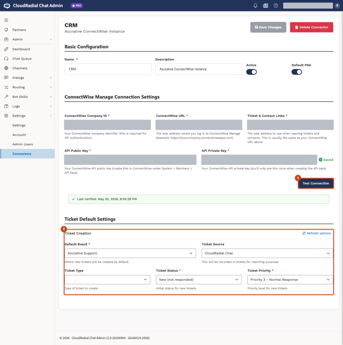 The PSA connector settings page with the Test Connection button