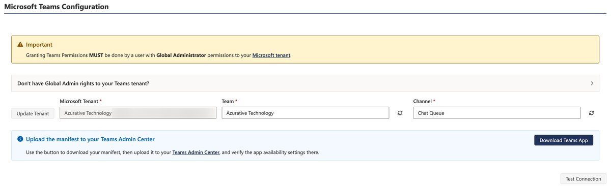 The Service Channel page showing Update Tenant and, in the expanded Global Admin panel, Send Admin Consent Link